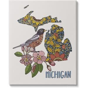 16x20 Michigan Stretched Canvas on Wood Wall Art, Robin & Florals by V. Harper
